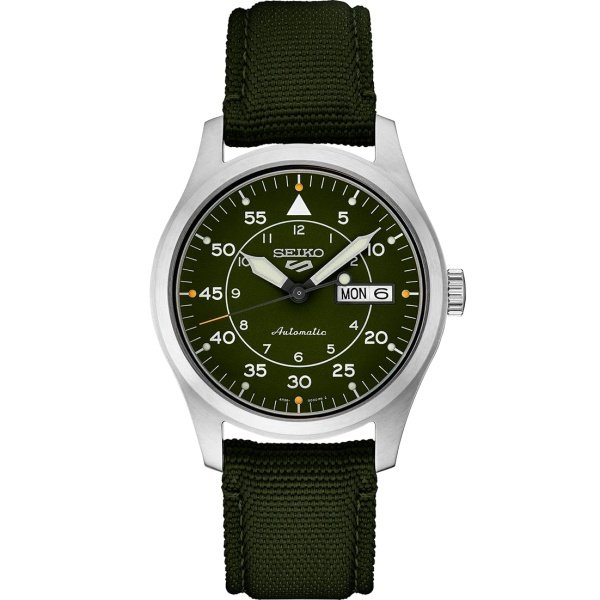SEIKO SRPH29 Watch for Men - 5 Sports - Automatic with Manual Winding Movement, Green Dial, Stainless Steel Case, Green Nylon Strap, 100m Water Resistant, with Day/Date Display