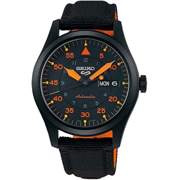 Seiko SRPH33 Men's Watch, 41-Hour Power Reserve, Stainless Steel Case, Black Nylon Strap, Blue and Orange Dial, Day/Date Display, 100m Water Resistant