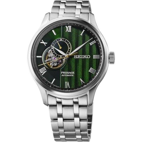 Seiko SSA463 Watch for Men - Presage Collection - Stainless Steel Case, Leather Strap, Elegant Design, Precision Timekeeping, Dark Green