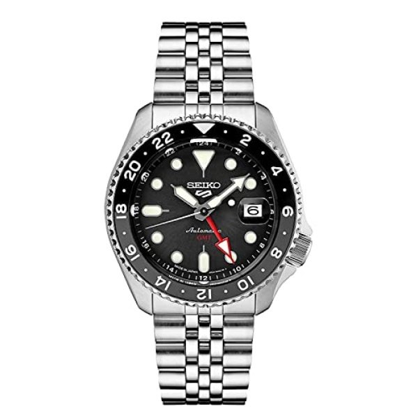 SEIKO SSK001 Automatic Watch for Men - 5 -Sports - Black Dial with Date Calendar and Luminous Hands & Markers and Black & Gray GMT Bezel, 100m Water-Resistant