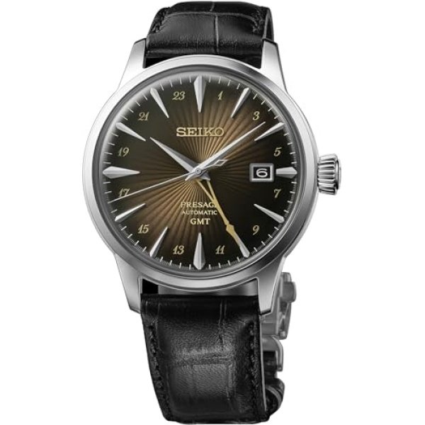 Seiko SSK039 Men's Presage Rusty Nail Cocktail GMT Brown Dial Leather Band Watch