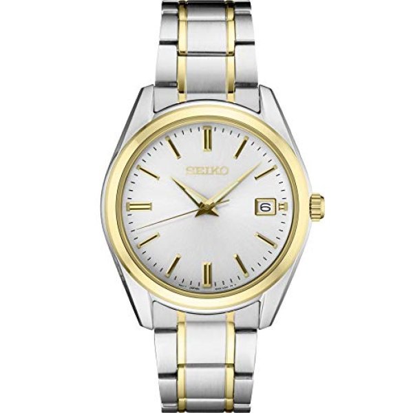 SEIKO SUR312 Watch for Men - Essentials Collection - White Dial, Date Calendar, LumiBrite Hands, Two-Tone Stainless Steel Case & Bracelet, and 100m Water Resistant, White