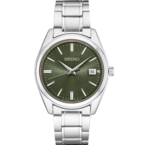 SEIKO SUR527 Quartz Watch for Men - Essentials Collection - Green Dial with Date Calendar, Stainless Steel - 100M Water Resistant