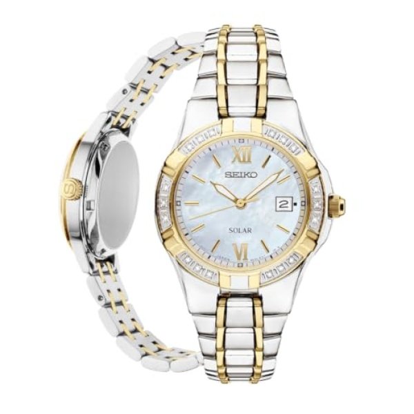 SEIKO SUT068 Watch for Women - Diamond Collection - with 18 Diamond Accents, Solar Power, Mother-of-Pearl Dial, Two-Tone Gold Stainless Steel Case & Bracelet, and Water-Resistant to 50m